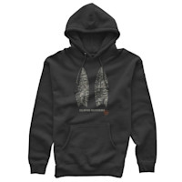 Black hoodie with two Clovis stone points graphic and text 'CLOVIS HUNTERS'