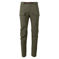 Olive green hunting pants with angled zip thigh pockets and built-in belt
