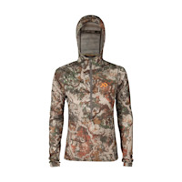 First Lite Women's Yuma camo synthetic hoody, quarter-zip hood