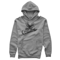 Gray hoodie with flying turkey illustration on a feather and MEATEATER text