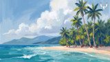 Tropical beach painting with palm trees, turquoise waves, distant mountains, MeatEater logo