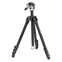 Tripod labeled MOUNTAIN PASS with pan head, quick-release plate, adjustable center column and weight hook