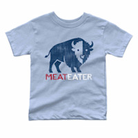 Light-blue kids T-shirt with distressed navy bison graphic and text 'MEATEATER'