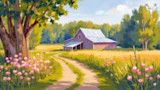 Country dirt lane curving to a red barn amid grassy fields and pink wildflowers, MeatEater logo