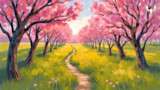 Row of pink-blossom trees lining a grassy path to the horizon, MeatEater logo