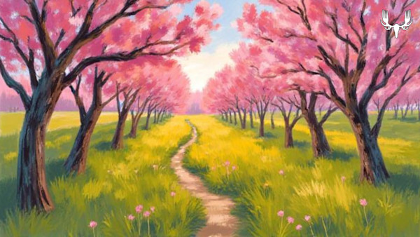 Row of pink-blossom trees lining a grassy path to the horizon, MeatEater logo