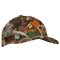 First Lite camo trucker cap with orange embroidered "FIRST LITE" logo