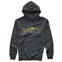 Charcoal hoodie with pike graphic eating smaller fish and "MEATEATER" text