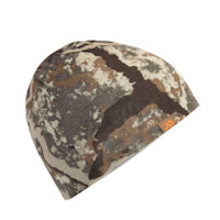 First Lite Wick 150 camo beanie with orange logo tag
