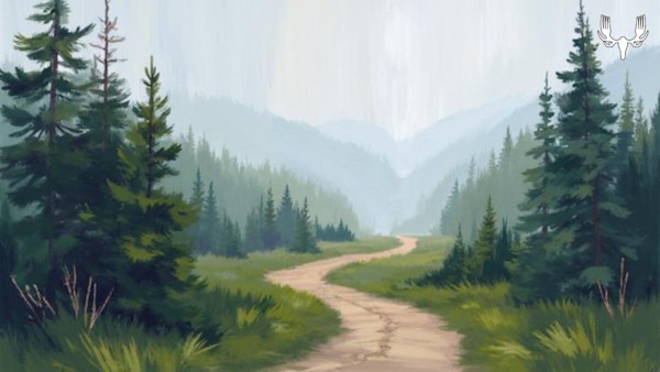 Winding dirt path through a foggy pine valley, layered mountains in distance, MeatEater logo top-right