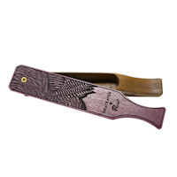 Wooden turkey box call with purple-stained paddle engraved feather, reads MEATEATER x Phelps