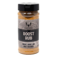 MeatEater jar labeled "ROOST RUB" and "Bright, Herby, and Built for Birds"