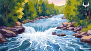 Fast river rapids cascading over rocks in a forest, MeatEater logo in top right