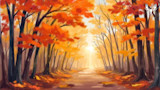 Autumn forest path with orange leaves and sunlit clearing, MeatEater logo top-right