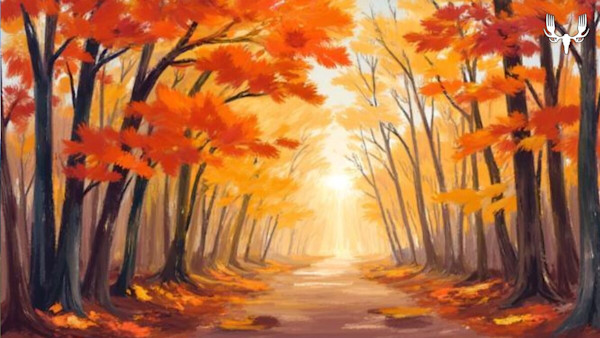 Autumn forest path with orange leaves and sunlit clearing, MeatEater logo top-right