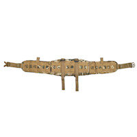 Apex camouflage tactical belt with laser-cut MOLLE panels, tan straps and side quick-release buckles