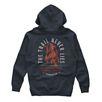 Dark gray hoodie with red bloodhound graphic and text "THE TRAIL NEVER LIES"