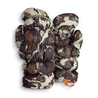 Brooks Down Glassing mitts, puffy camouflage insulated mittens with orange carry loop