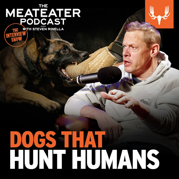 THE MEATEATER PODCAST with Steven Rinella; dog biting trainer sleeve; text "DOGS THAT HUNT HUMANS"