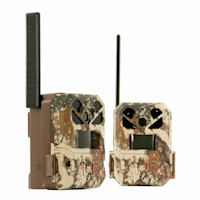 Two Moultrie camouflage trail cameras, one with tall antenna embossed "MOULTRIE"