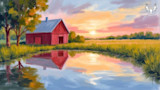 Red barn by pond reflecting a pink-orange sunset over grassy field; MeatEater logo