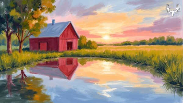 Red barn by pond reflecting a pink-orange sunset over grassy field; MeatEater logo
