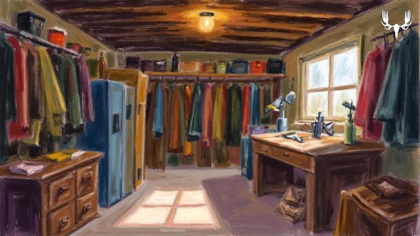 Hunting gear room with hanging jackets, desk and window; MeatEater antler skull logo