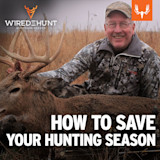 Smiling hunter kneeling beside a buck with antlers in a field, text overlay "HOW TO SAVE YOUR HUNTING SEASON"