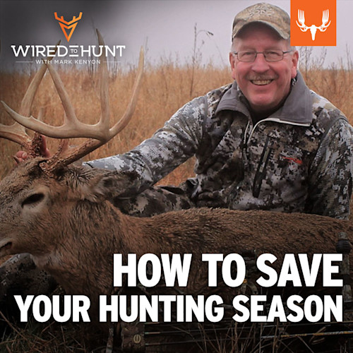 Smiling hunter kneeling beside a buck with antlers in a field, text overlay "HOW TO SAVE YOUR HUNTING SEASON"