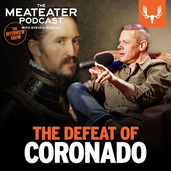 Meateater Podcast — THE DEFEAT OF CORONADO: Steven Rinella speaking into microphone with conquistador behind