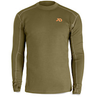 First Lite Kiln Crew men's long-sleeve base layer, olive green with small orange logo