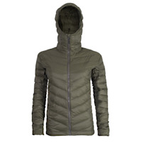 Women's Brooks down sweater, olive hooded puffer jacket with full front zipper