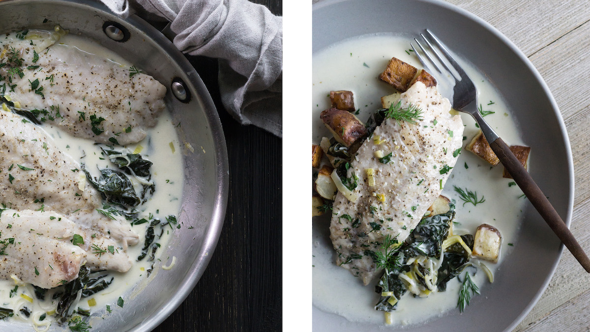 Braised trout with creamed kale dished and ready to eat. 