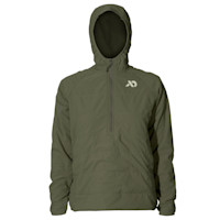 First Lite women's Navigator Hoody, olive green quarter-zip with fleece-lined hood