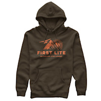First Lite hoody with orange mountain and plane graphic and text FIRST LITE; GO FARTHER. STAY LONGER.