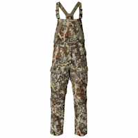 First Lite camouflage bib overalls with chest zip pocket and adjustable straps labeled FIRSTLITE