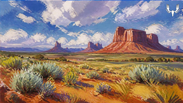 Southwestern desert painting of red mesas and sagebrush under cloudy blue sky, MeatEater logo