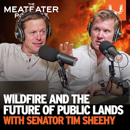 Two men podcasting over flames; text: WILDFIRE AND THE FUTURE OF PUBLIC LANDS WITH SENATOR TIM SHEEHY