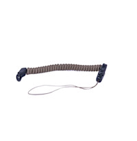 Coiled brown paracord equipment lanyard with black plastic end clips and wrist loop
