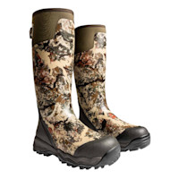 Camouflage LaCrosse rubber hunting boots with "SCENT FREE" label