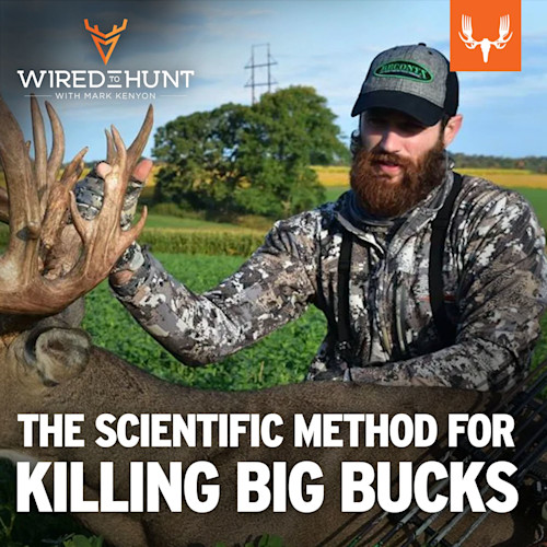 Bearded hunter in camouflage holding buck antlers; text overlay "THE SCIENTIFIC METHOD FOR KILLING BIG BUCKS"