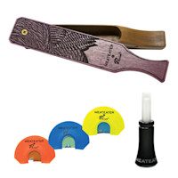 Turkey box call kit with engraved wooden paddle and box, color diaphragms and black call labeled MEATEATER Phelps