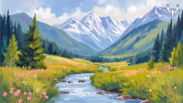 Painted mountain valley with winding stream, meadow of pink wildflowers and pine trees; MeatEater logo