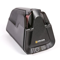Electric knife sharpener with 'WORK SHARP SHARPENERS' label and controls 'SHAPE SHARPEN REFINE'
