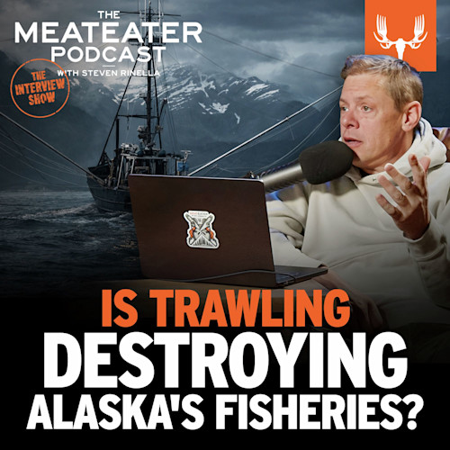 Steven Rinella at microphone; text overlay: THE MEATEATER PODCAST — IS TRAWLING DESTROYING ALASKA'S FISHERIES?