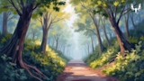 Sunlit forest path lined with trees and misty background; MeatEater antler logo top right
