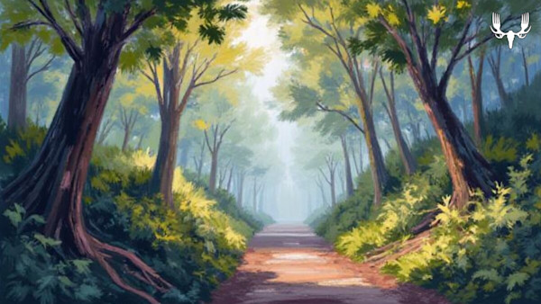 Sunlit forest path lined with trees and misty background; MeatEater antler logo top right