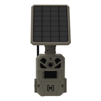 Solar-powered trail camera with rectangular solar panel and "[M]" logo