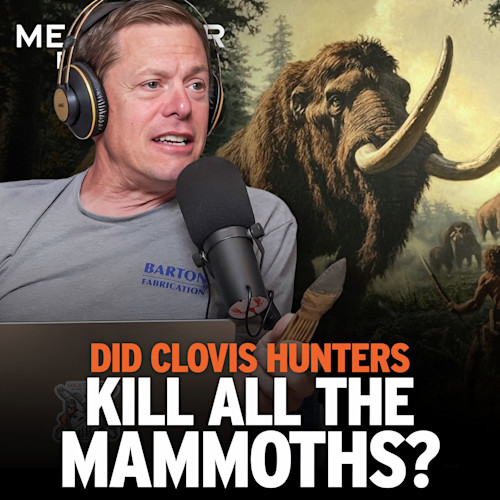Podcast host speaking into mic with mammoth illustration background, text "DID CLOVIS HUNTERS KILL ALL THE MAMMOTHS?"