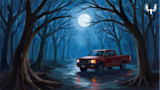 Moonlit forest with red pickup truck on wet road; MeatEater logo top-right
